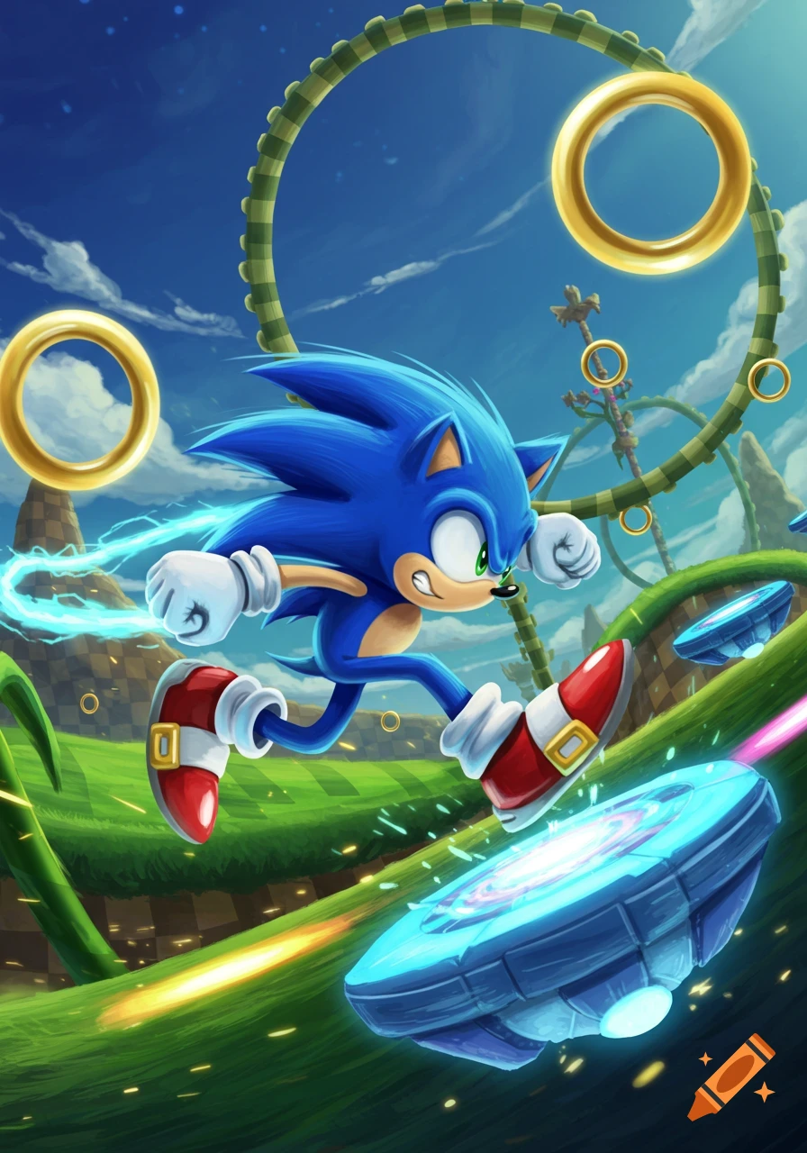 Sonic the Hedgehog dashes through a vibrant Green Hill Zone-like landscape with golden rings and speed effects.