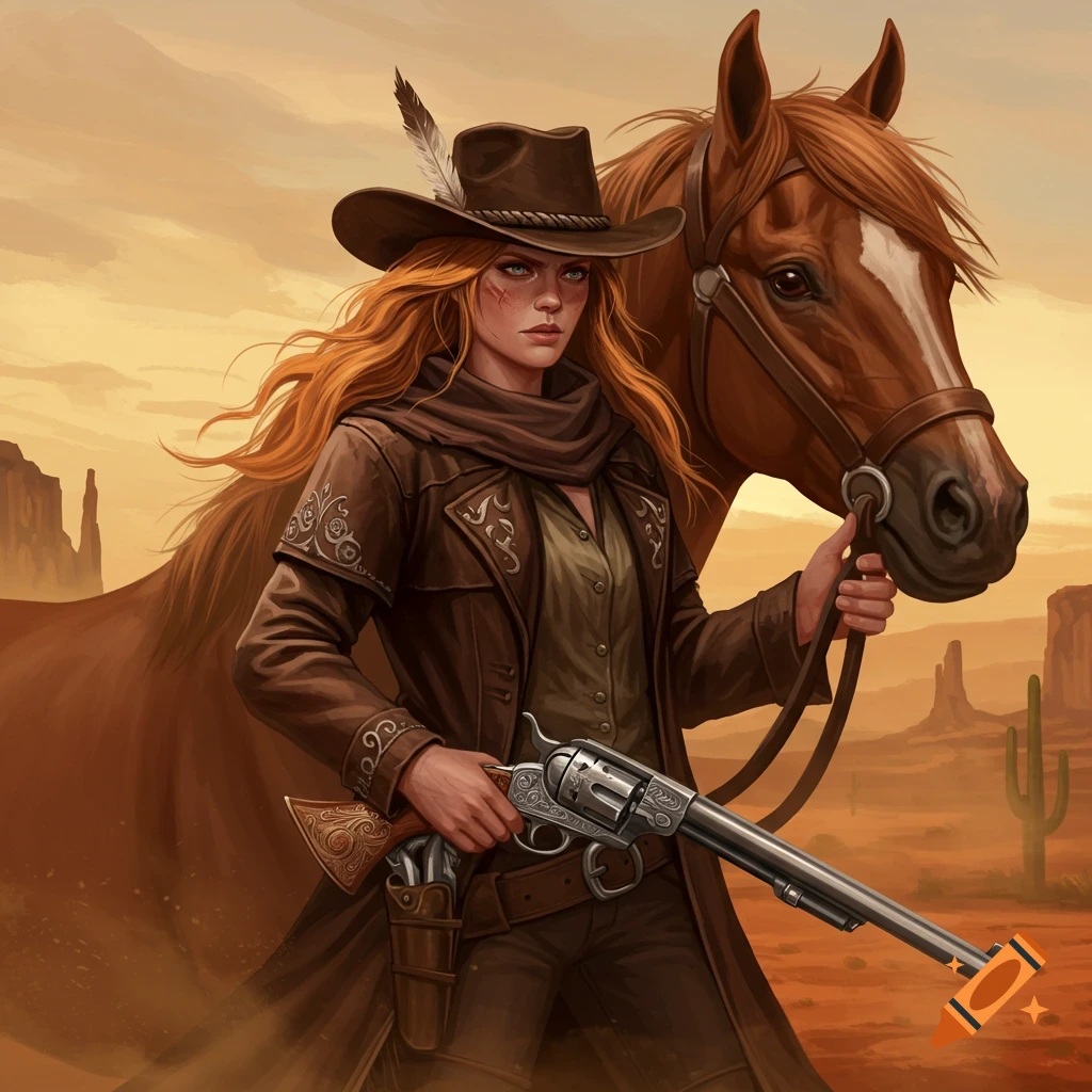 A red-haired cowgirl in a duster coat and cowboy hat holds a revolver and a horse's reins in a desert landscape. Illustrated character art.