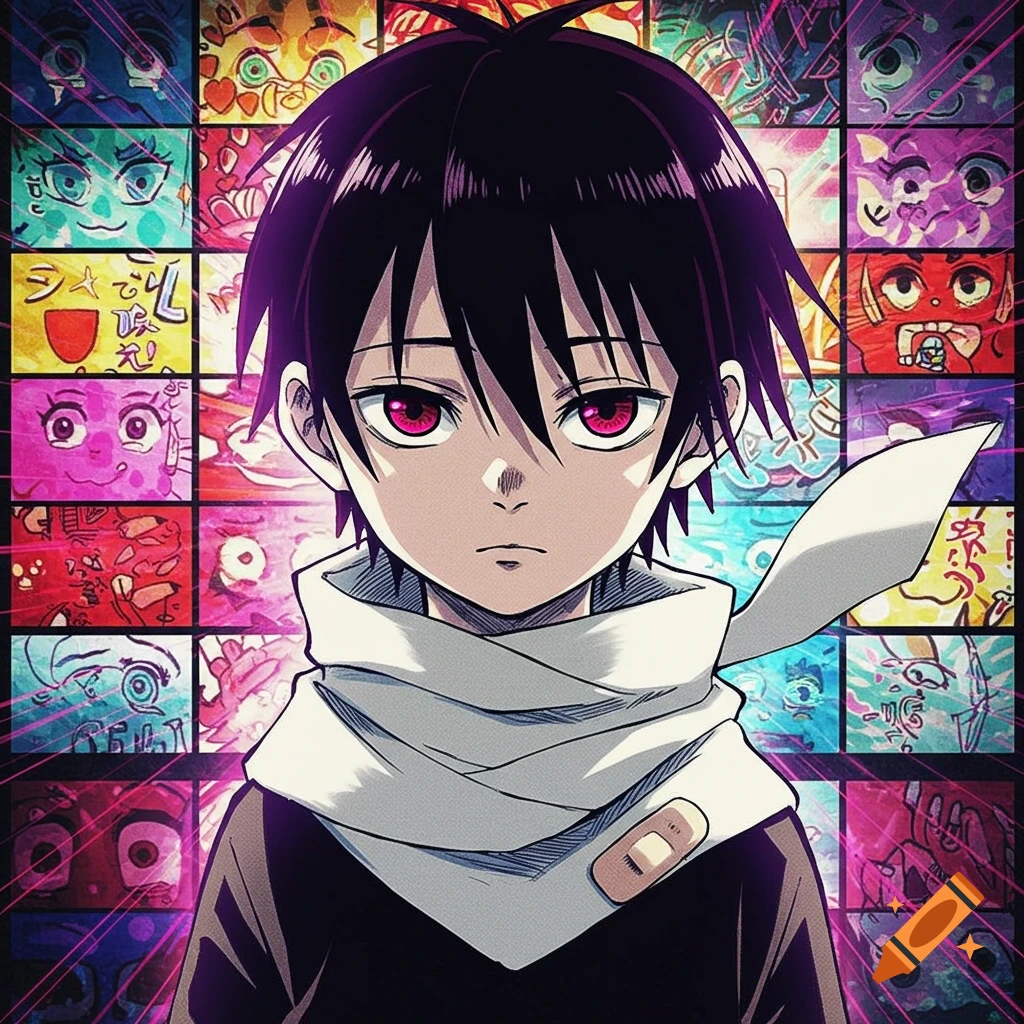 Manga boy with black hair, red eyes, white scarf, and a bandage, against a colorful grid of abstract faces.
