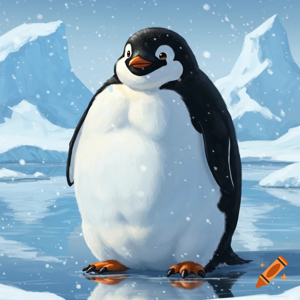 A cartoonish, super fat penguin stands on ice in a snowy arctic landscape with icebergs and falling snow.