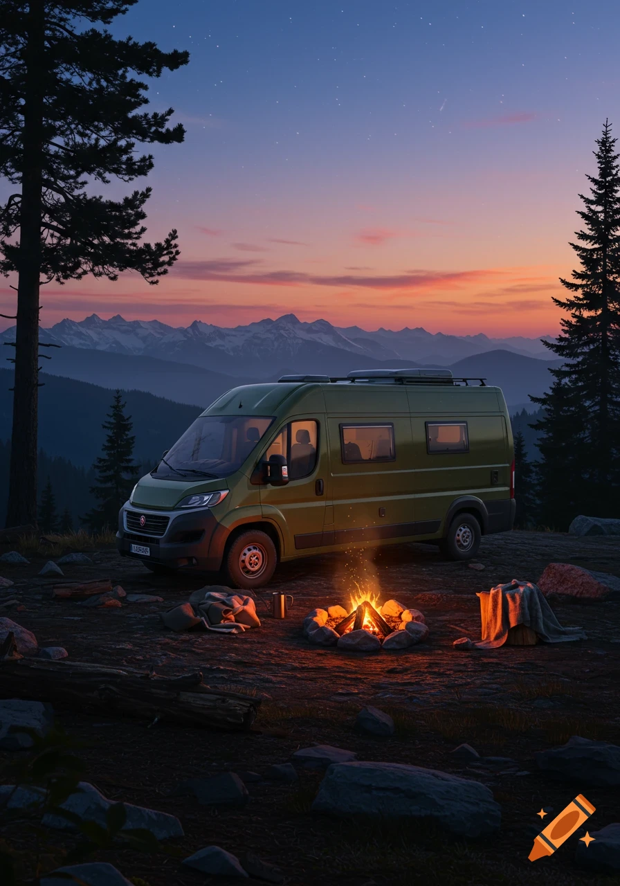An olive green camper van is parked in a mountain landscape at twilight, with a campfire burning in the foreground.