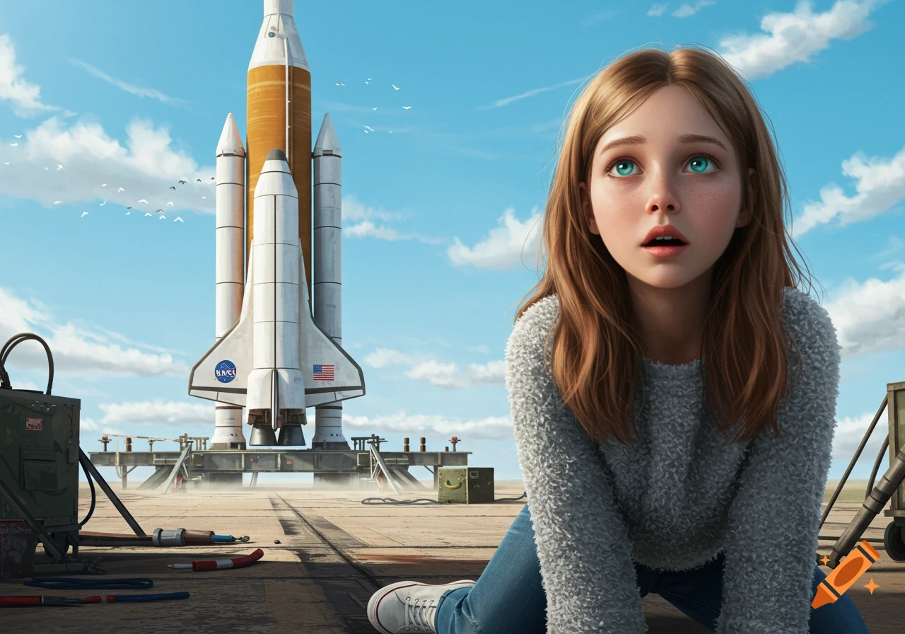 A young girl with turquoise eyes gazes surprised at a large rocket on a launchpad, photorealistic.