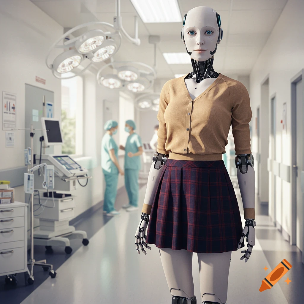 A photorealistic female humanoid robot in a plaid skirt and cardigan stands in a bright hospital hallway.