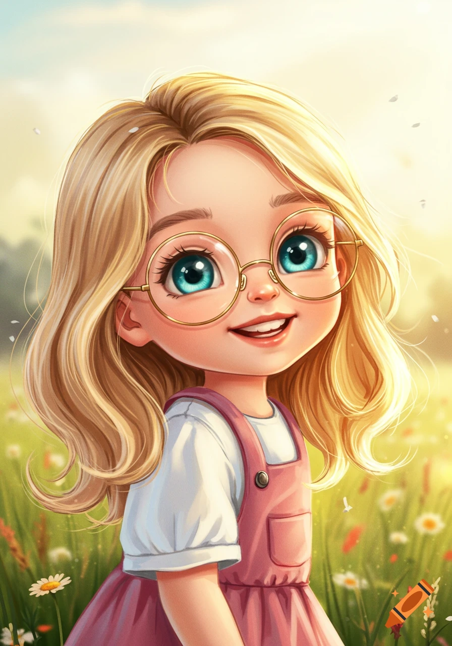 A cute blonde-haired cartoon girl with round glasses and blue eyes smiles in a sunny field with flowers.