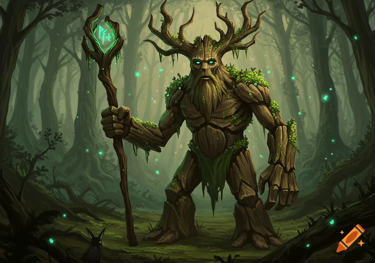 A wise-looking treant with glowing green eyes and leafy shoulders stands in a misty forest, holding a staff with glowing runes.