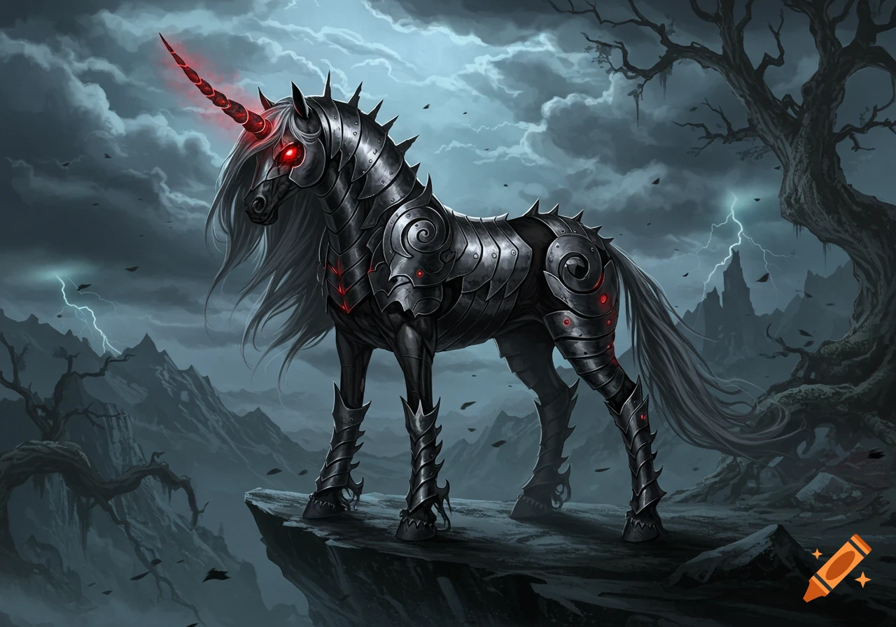 Dark fantasy art of an armored black unicorn with glowing red eyes and horn, standing on a cliff in a stormy, mountainous landscape.