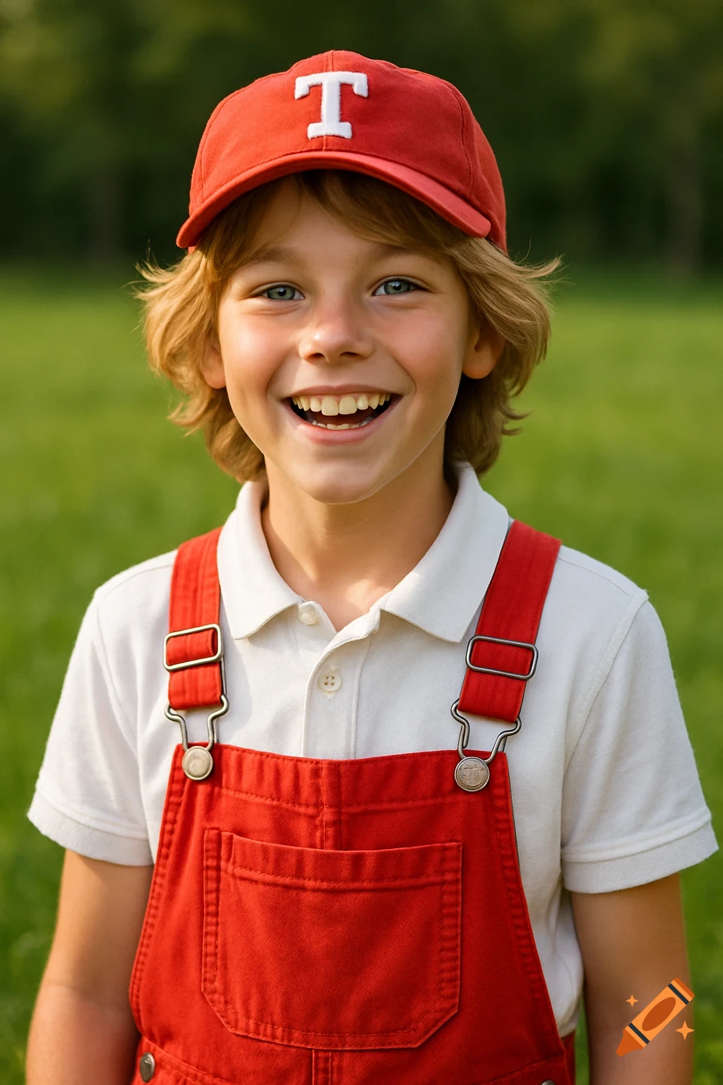 A cheerful boy with blonde hair and blue eyes smiles widely, wearing a white polo, red overalls, and a red cap with a white 'T', outdoors in a green field.