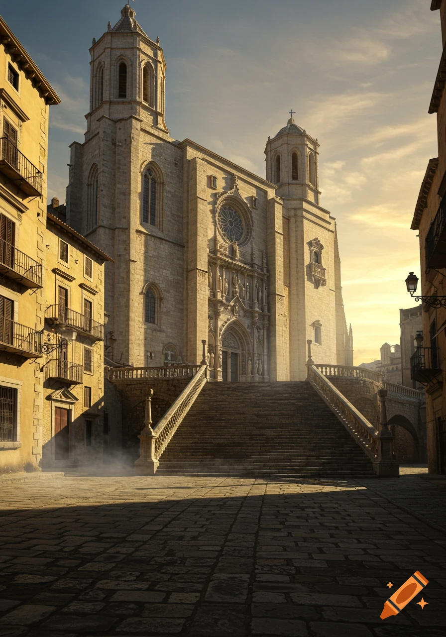 Photorealistic image of a grand medieval cathedral with a sweeping stone staircase and cobblestone square at sunset.