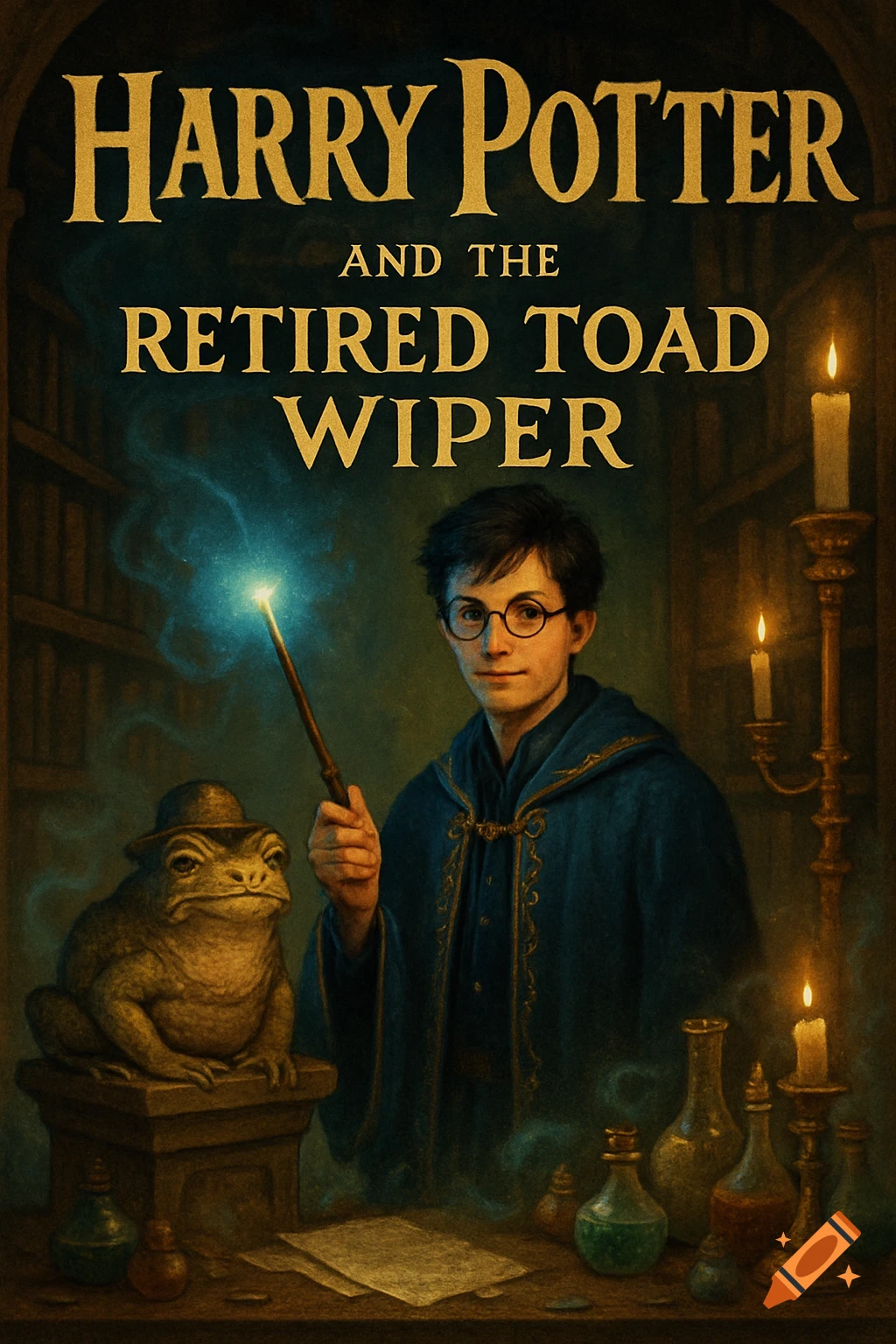 Book cover for 'Harry Potter and the Retired Toad Wiper' showing Harry holding a glowing wand next to a toad in a wizard's study.