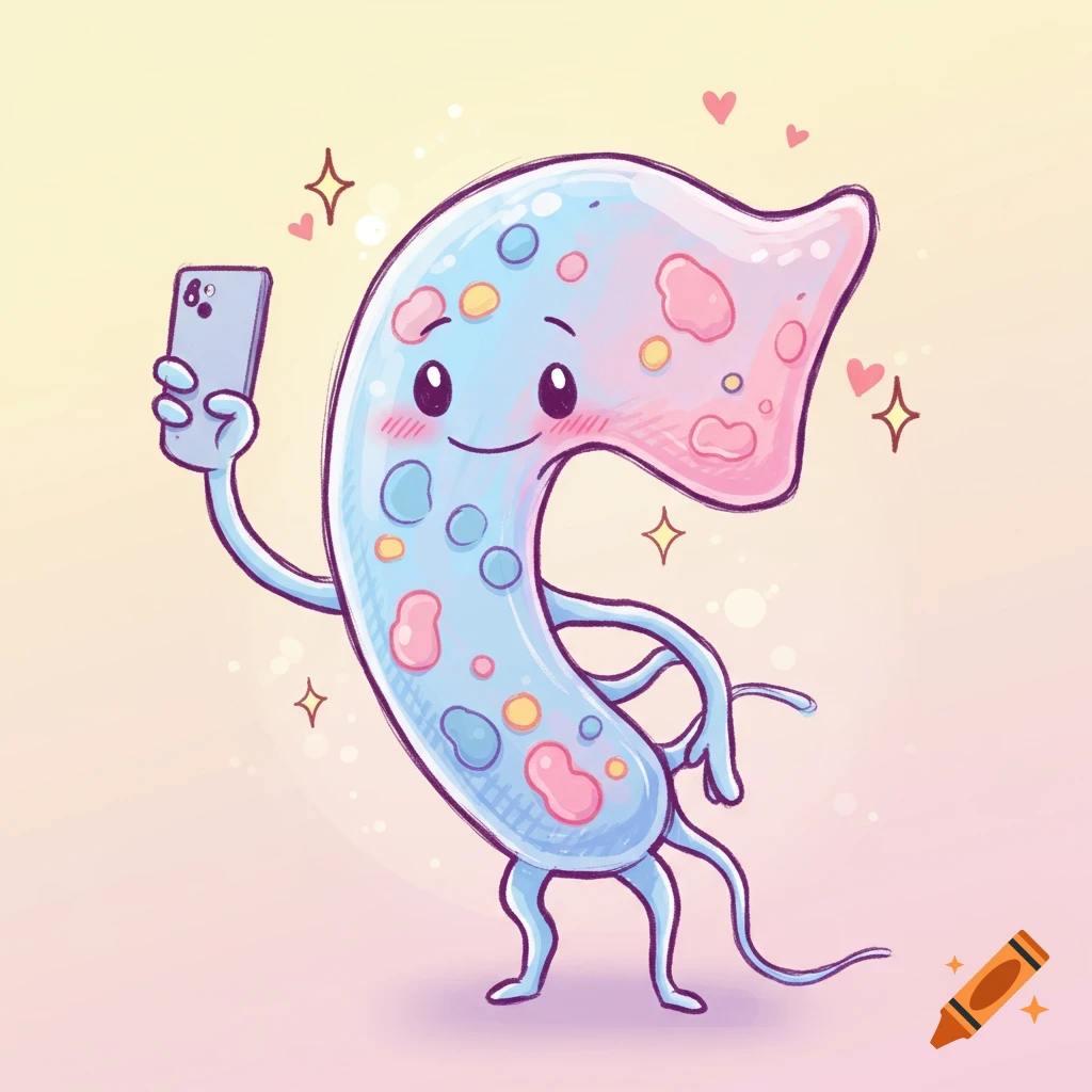 A cute, light blue cartoon flagella character with pink spots takes a selfie with a smartphone, smiling and blushing.