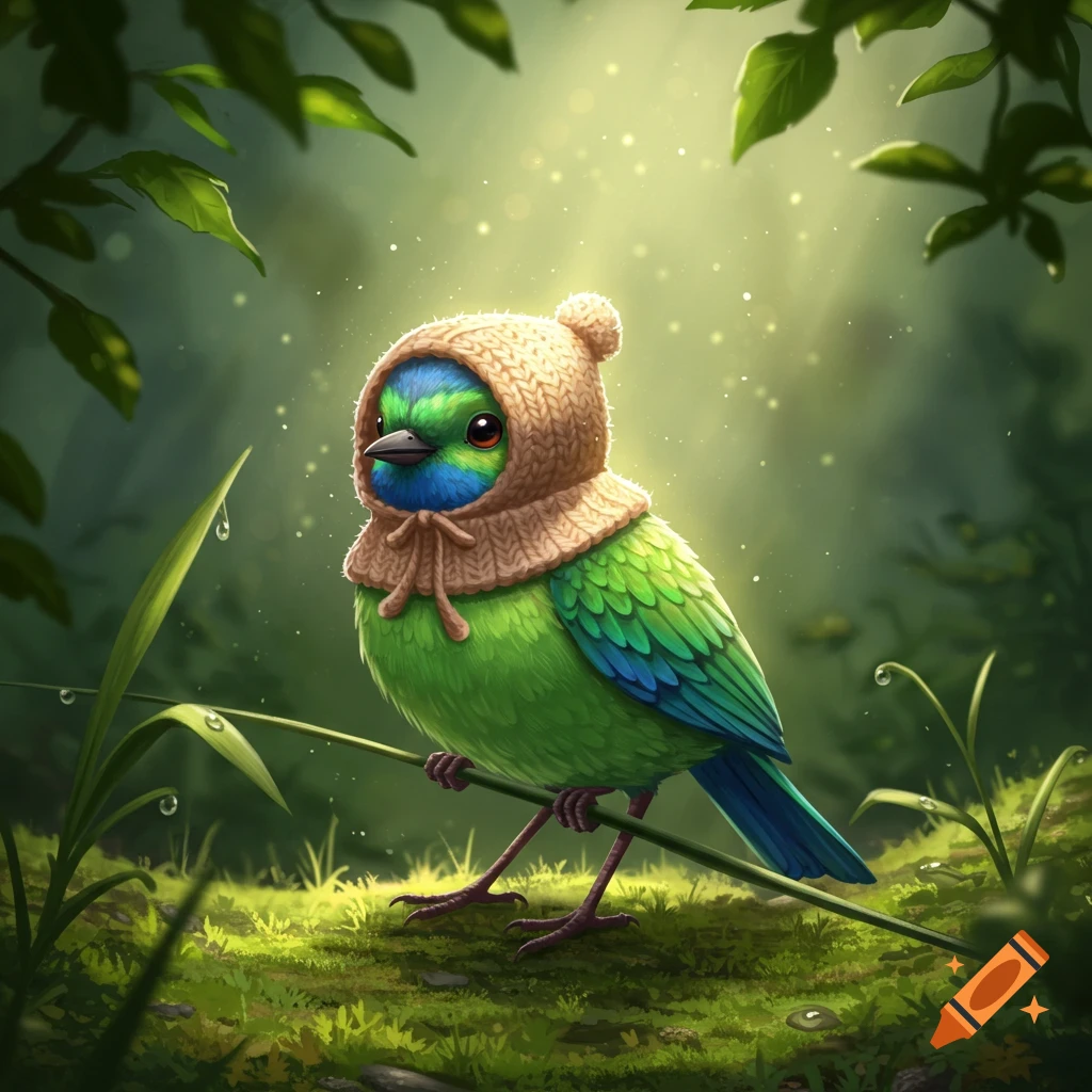 A whimsical green and blue bird in a knitted hood perches on a branch in a light-dappled forest. Digital art.