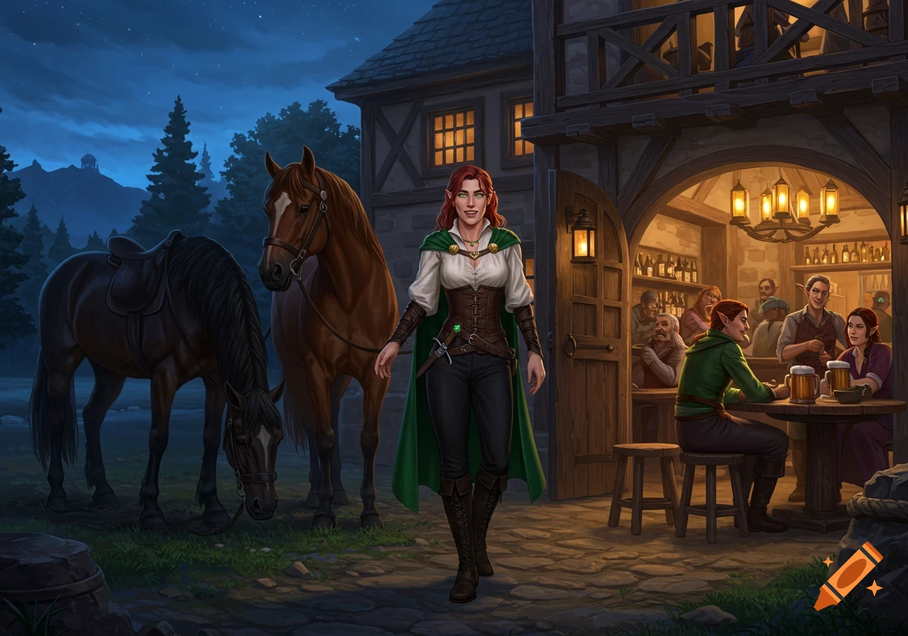 An elf woman in a green cape walks towards a lively tavern at dusk, with two horses tied outside. Digital fantasy art.