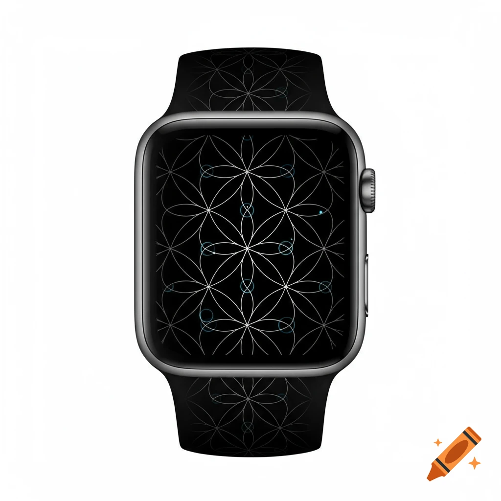 A black Apple Watch with a white sacred geometry pattern on its screen and band, centered on a white background.