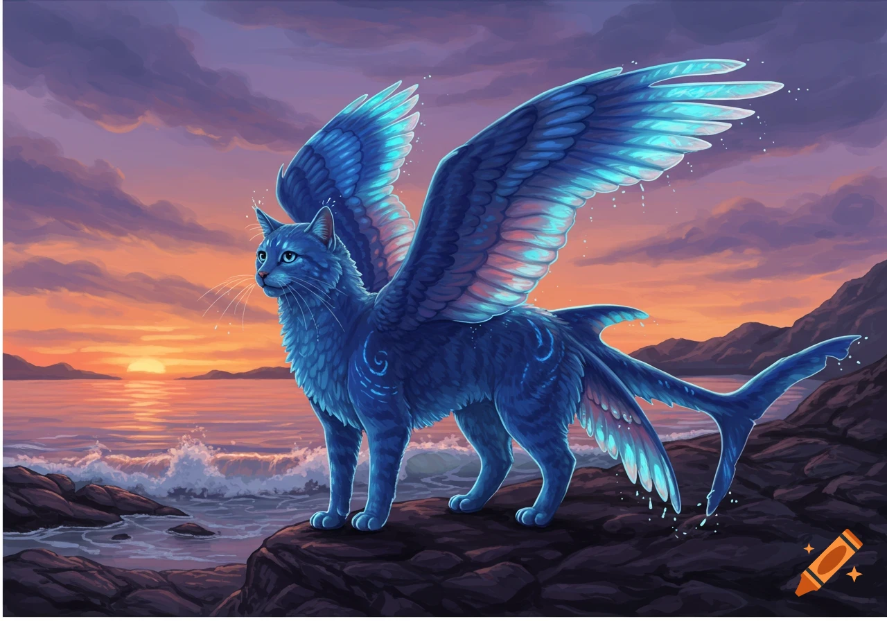 Vibrant illustration of a majestic blue winged cat with a shark tail and fin, standing on rocks by the ocean at sunset.