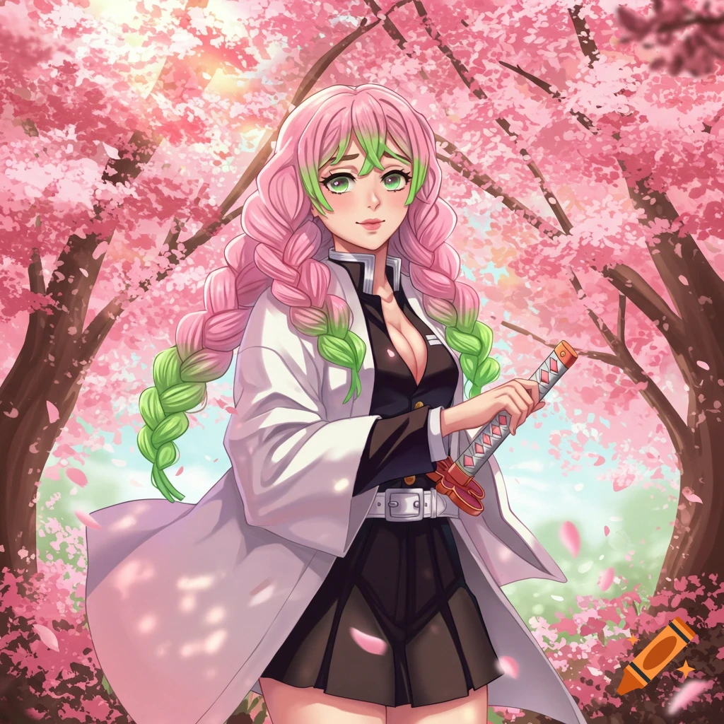 Anime character Mitsuri Kanroji with pink and green hair, white haori, black uniform, holding a sword hilt in a cherry blossom forest.