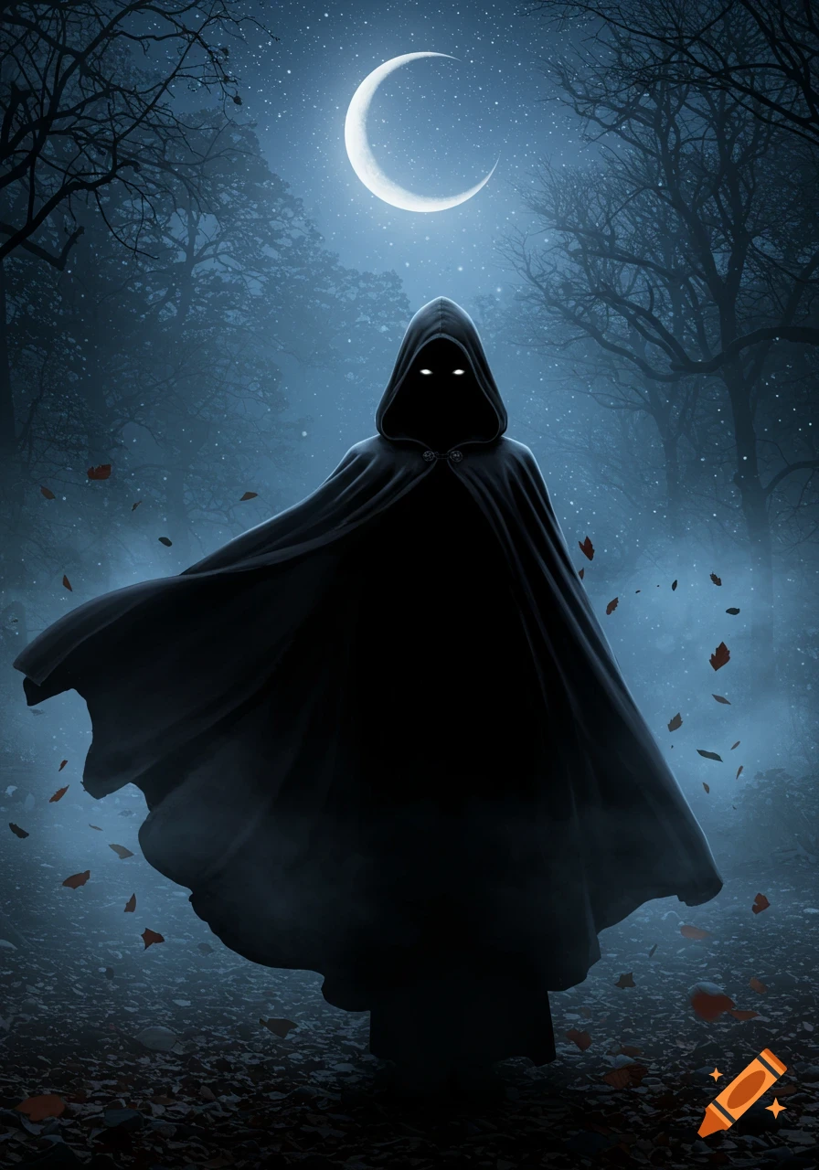 A dark cloaked figure with glowing eyes stands in a misty forest at night under a crescent moon, with leaves falling.