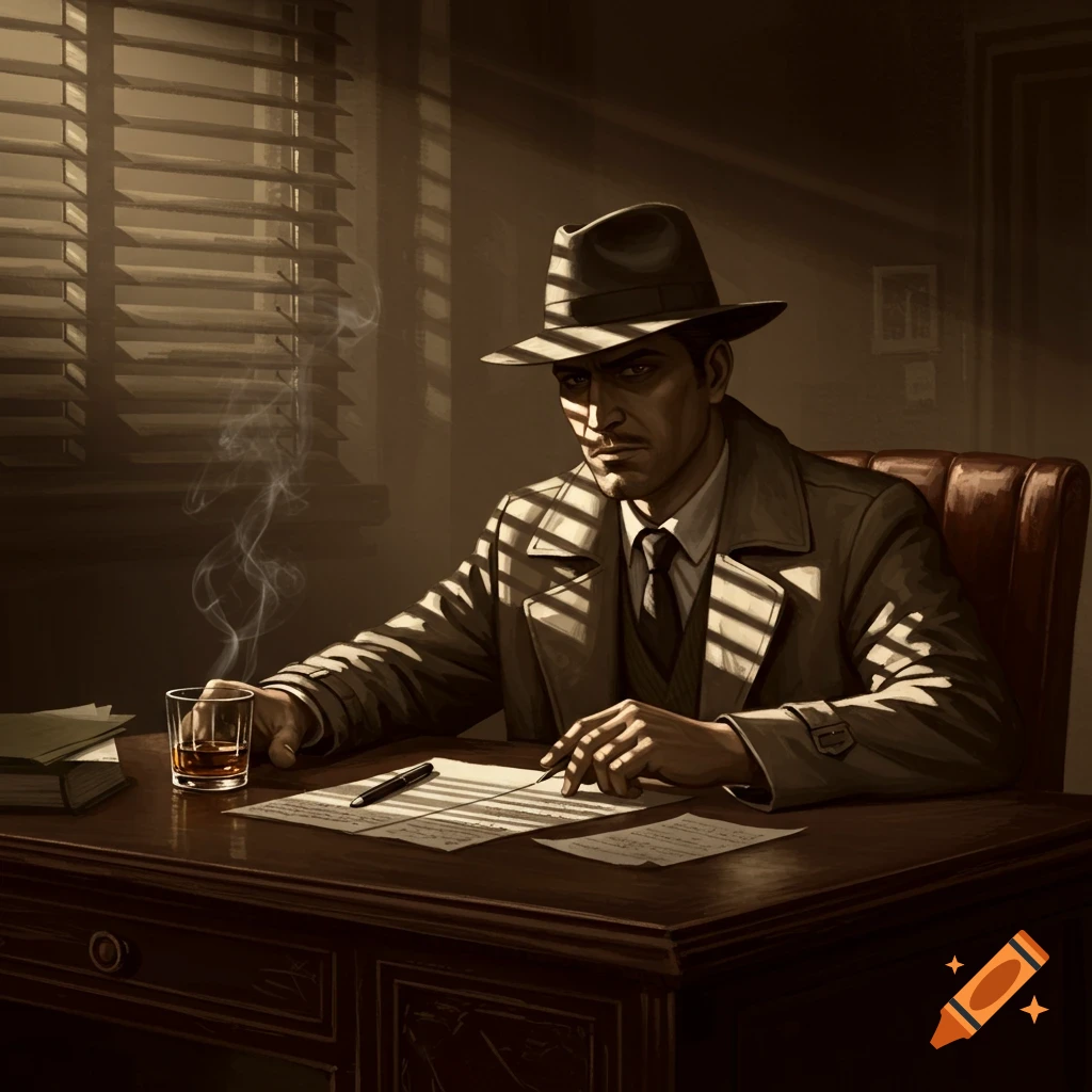 A man in a trench coat and fedora sits at a desk, backlit by blinds, smoking, and writing.