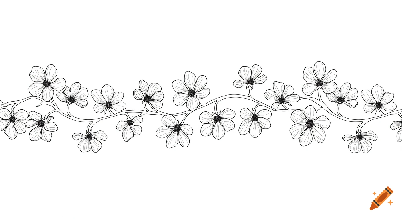 Horizontal black and white line drawing of a delicate flower vine with small blossoms on a white background.