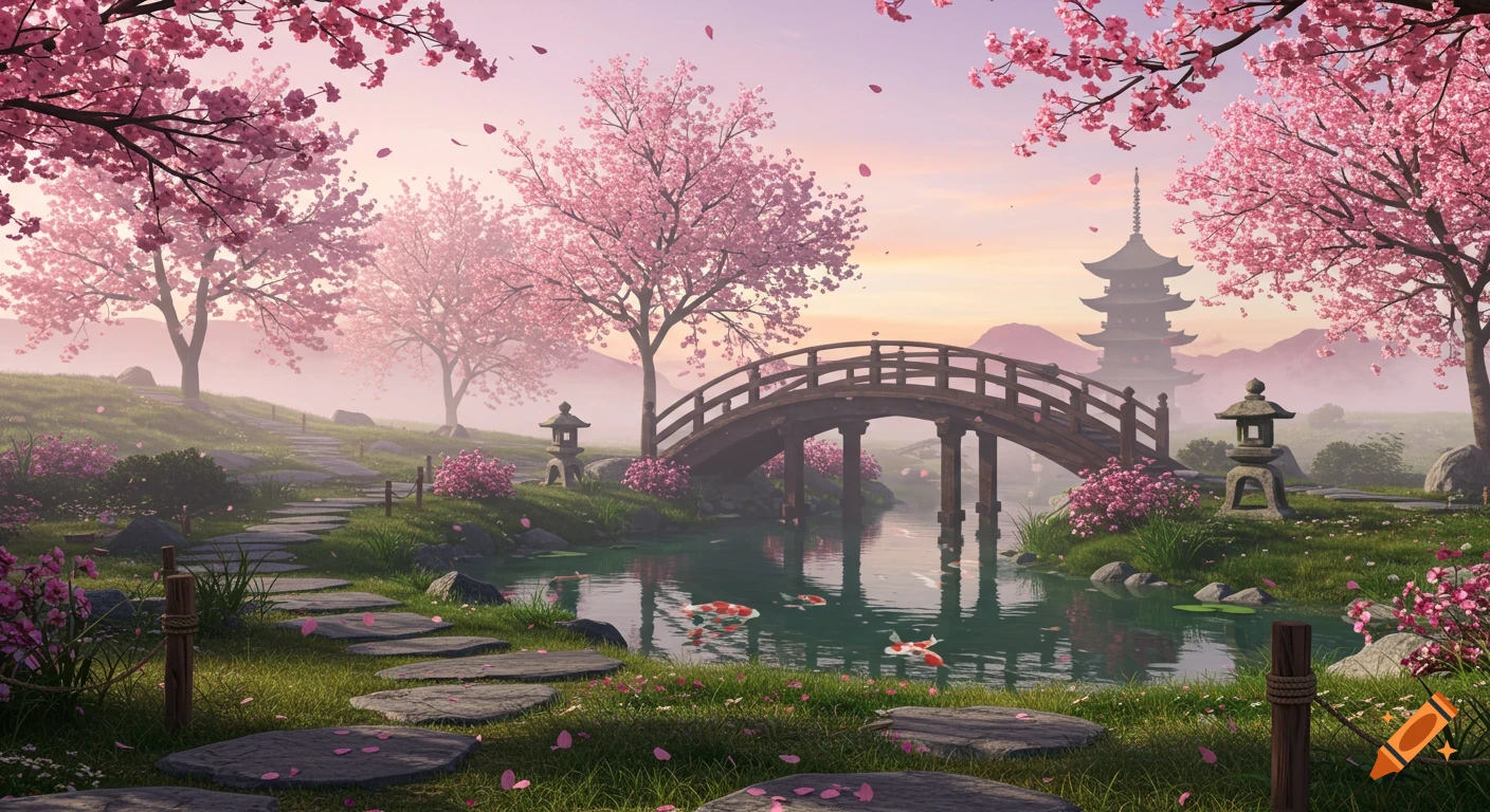 Serene Japanese garden with pink cherry blossom trees, a wooden bridge over a koi pond, and a distant pagoda at sunset.