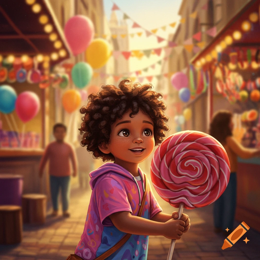 A happy child with curly hair holds a giant swirl lollipop at a bustling outdoor fair with balloons and stalls.