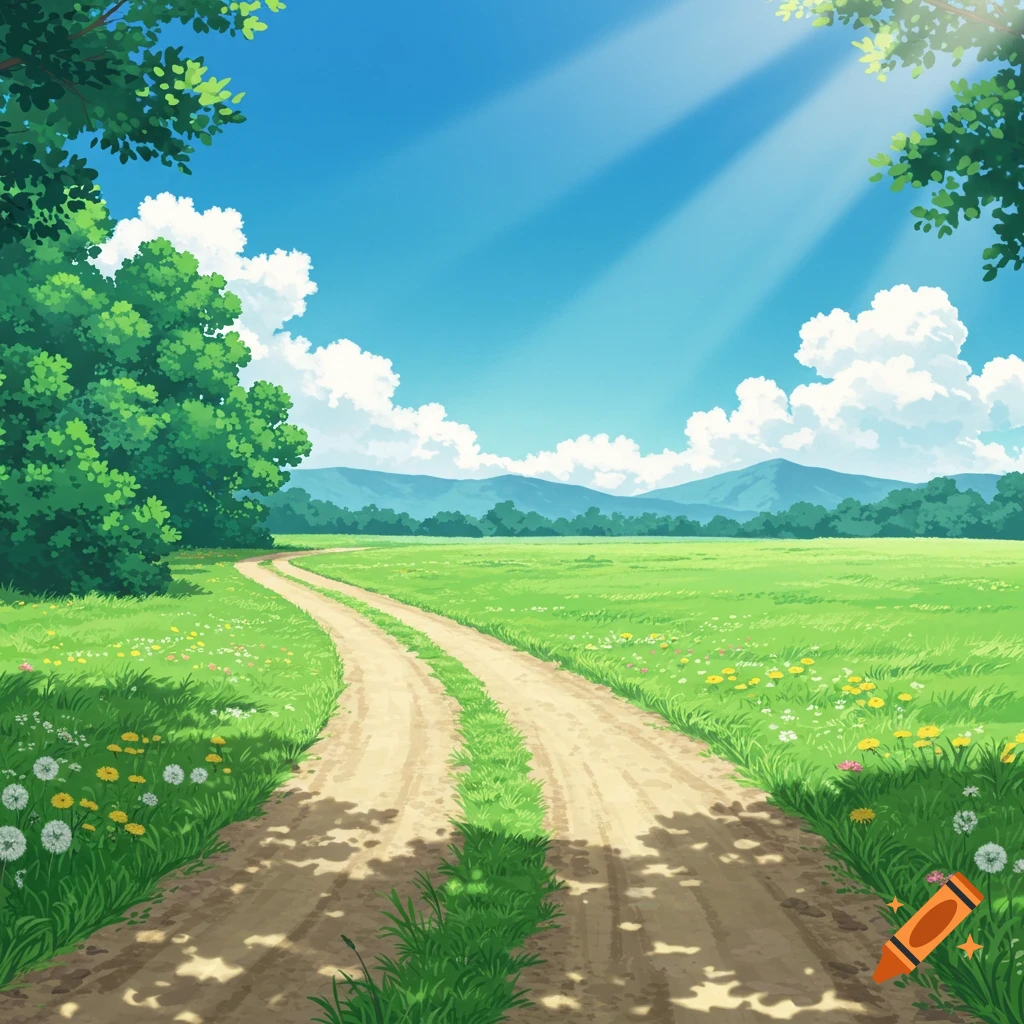 Anime style landscape with a dirt road curving through a vibrant green field, trees, and mountains under a sunny blue sky.