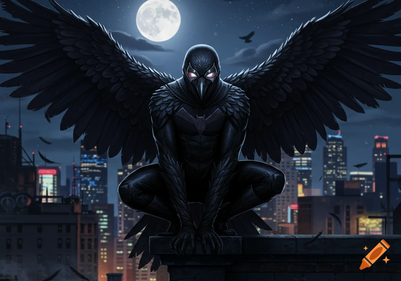 A crow-themed superhero with large black wings crouches on a rooftop at night, overlooking a city skyline under a full moon.