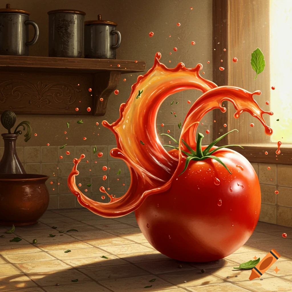 A vibrant red tomato with a dynamic splash of orange-red liquid bursting behind it, in a warm, sunlit kitchen setting.