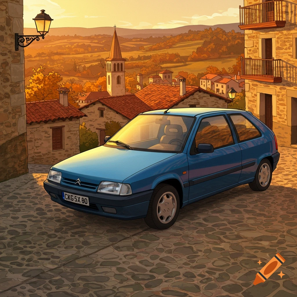 A blue Citroen ZX car parked on a cobblestone street in a cartoon-style European village with a church steeple at sunset.