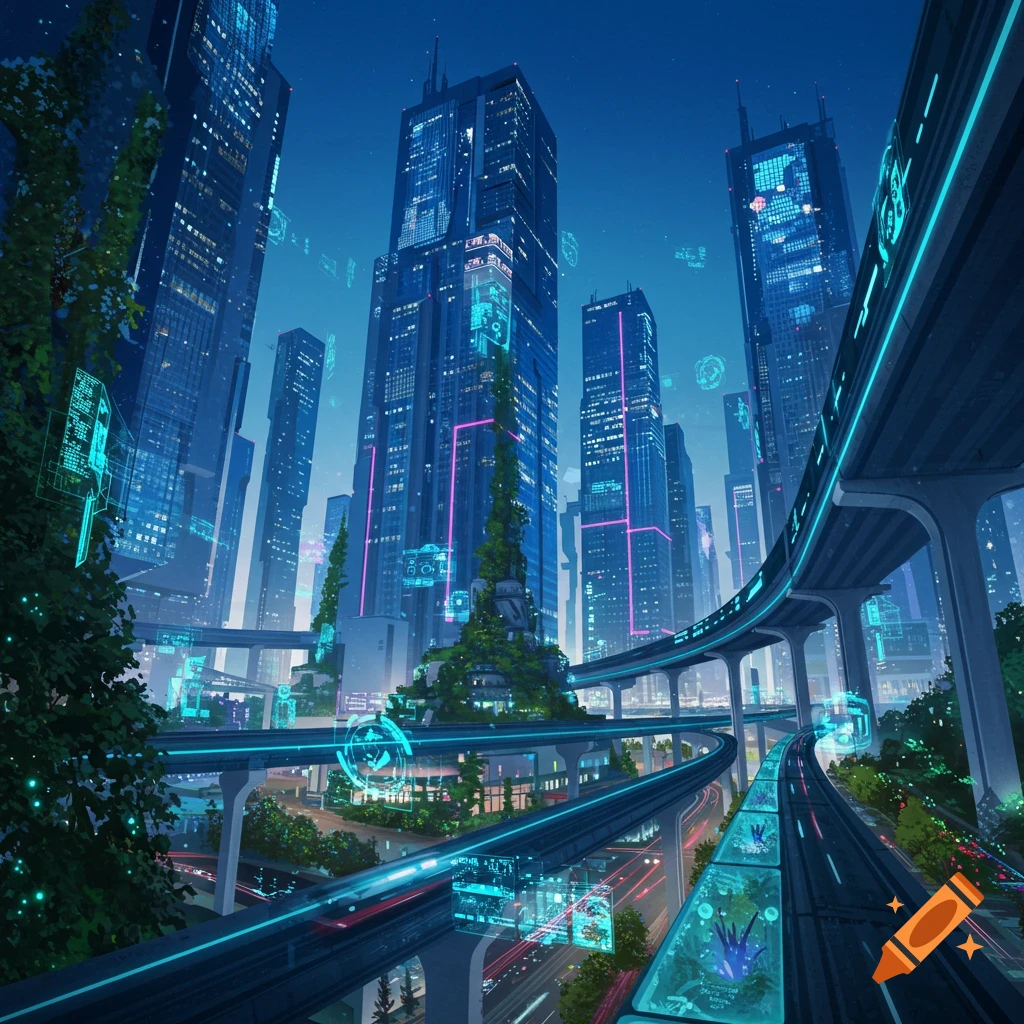 A futuristic city at night with towering skyscrapers, glowing neon lights, elevated roads, and digital interfaces. Greenery grows on buildings.