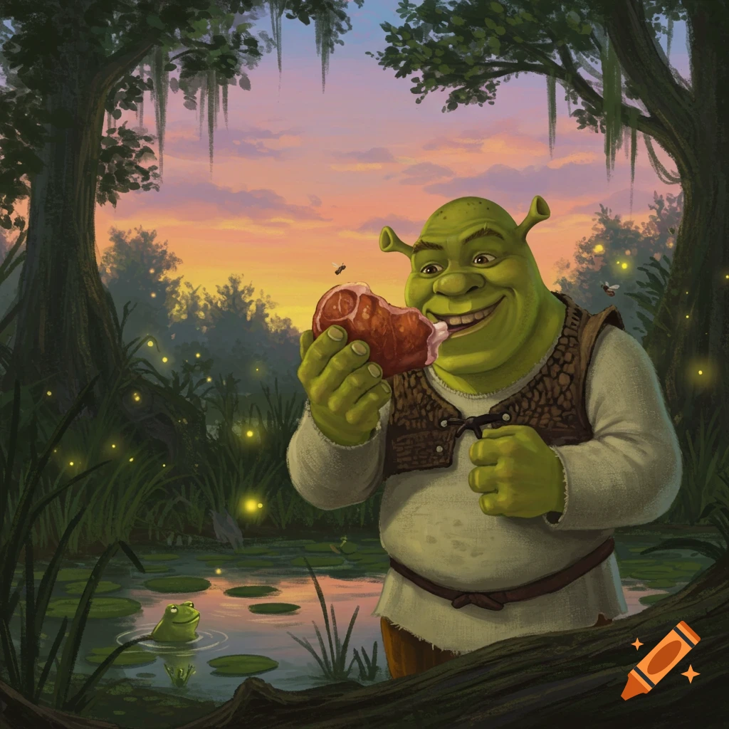 Shrek, a green ogre, smiles while eating a large piece of meat in a swamp at sunset, with fireflies and a frog.