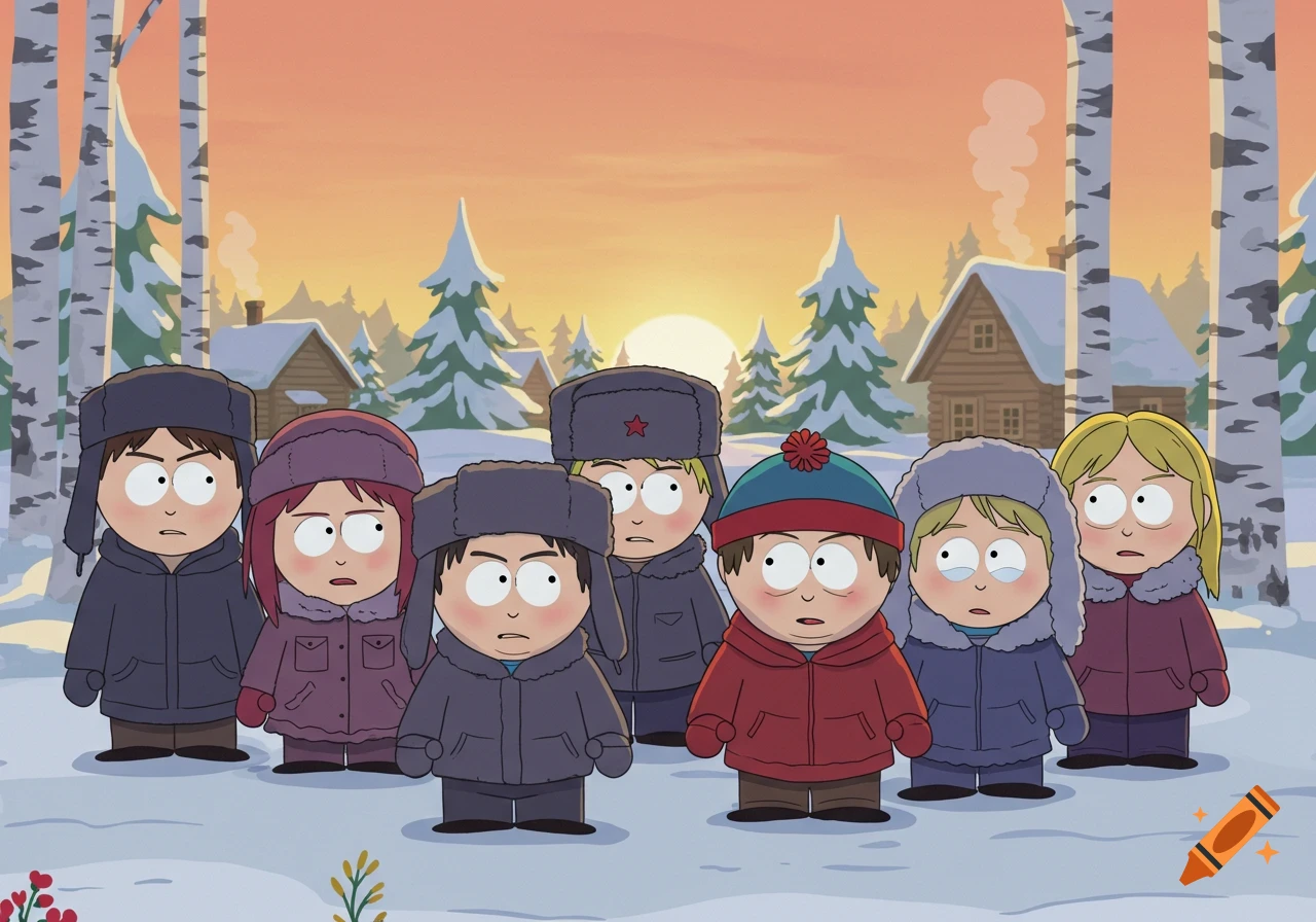 South Park style cartoon children dressed in Russian winter clothes stand in a snowy village at sunset.
