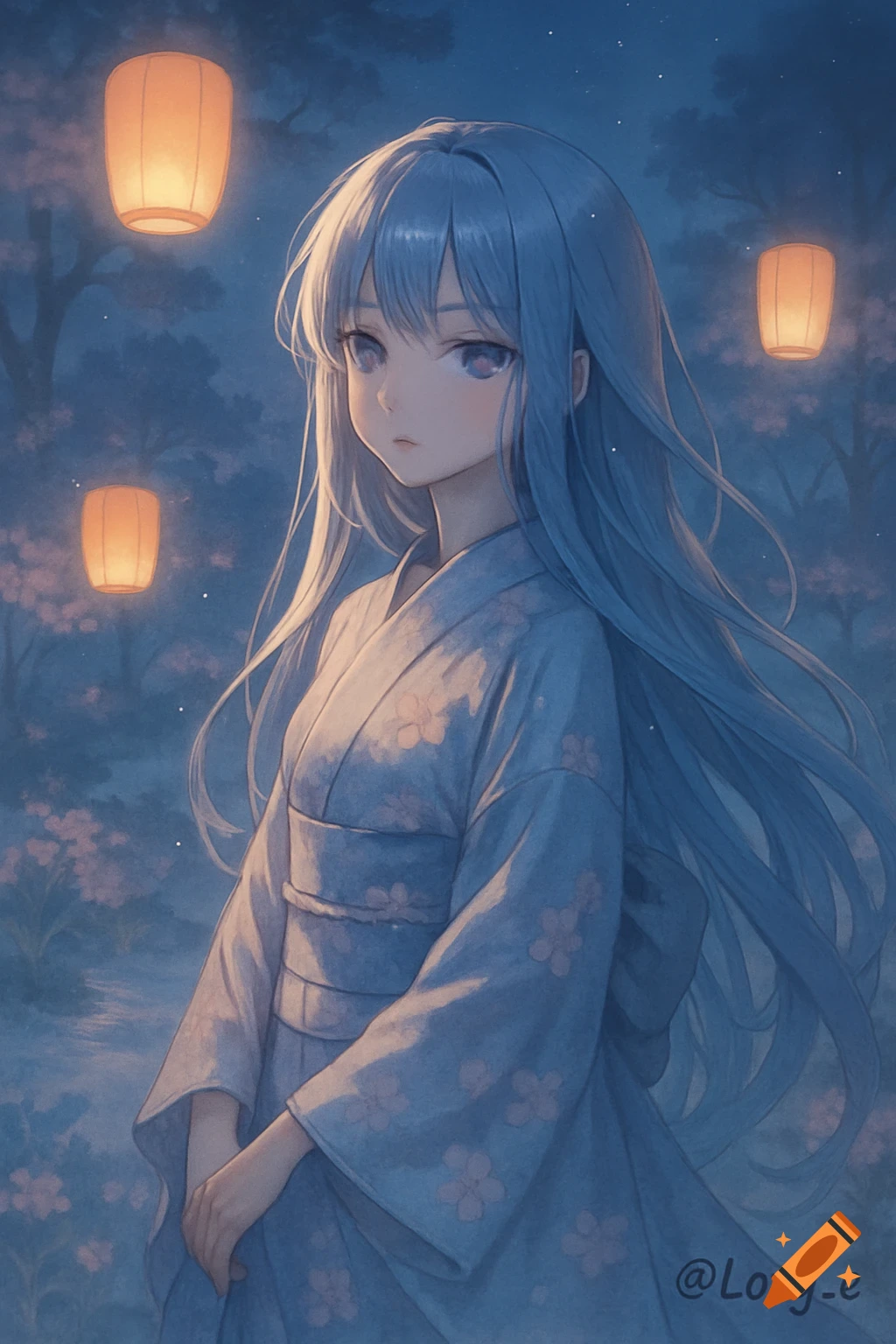 Anime girl with blue hair in a kimono stands at night amidst glowing lanterns and cherry blossoms.