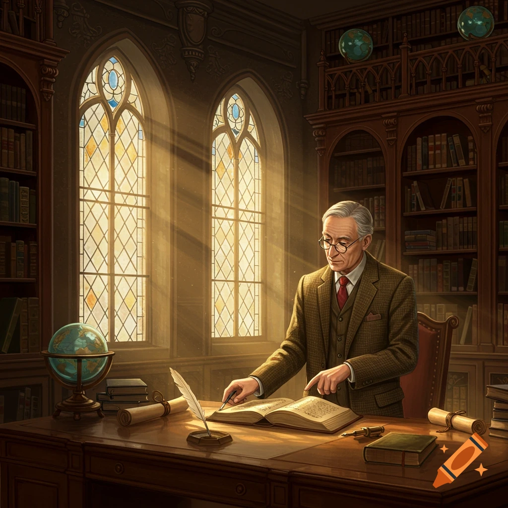 A distinguished professor in a tweed suit and glasses reads a book at a large wooden desk in a grand library, illuminated by sunlight through stained glass windows.