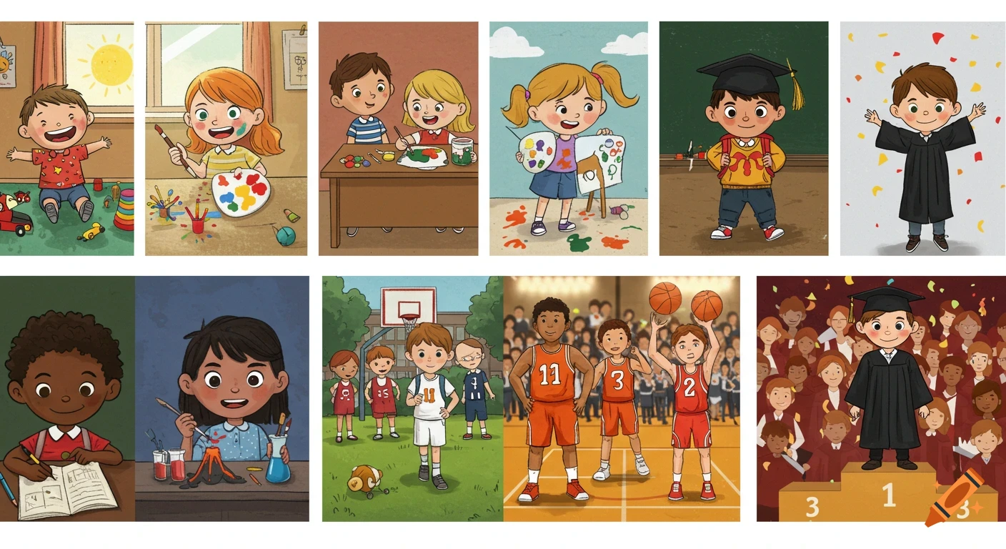 A horizontal strip of cartoon illustrations showing children engaged in various activities like playing, painting, learning, playing basketball, and graduating.