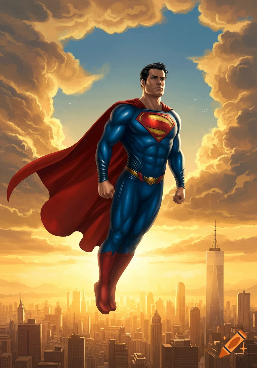Superman flying heroically above a city at sunset with golden clouds.