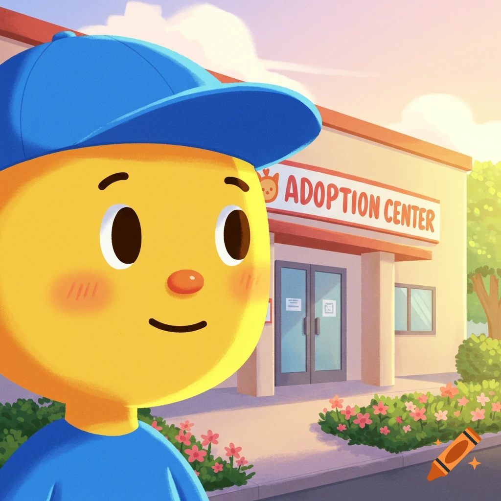 A cartoon yellow boy in a blue cap and shirt smiles in front of an adoption center building at sunset.