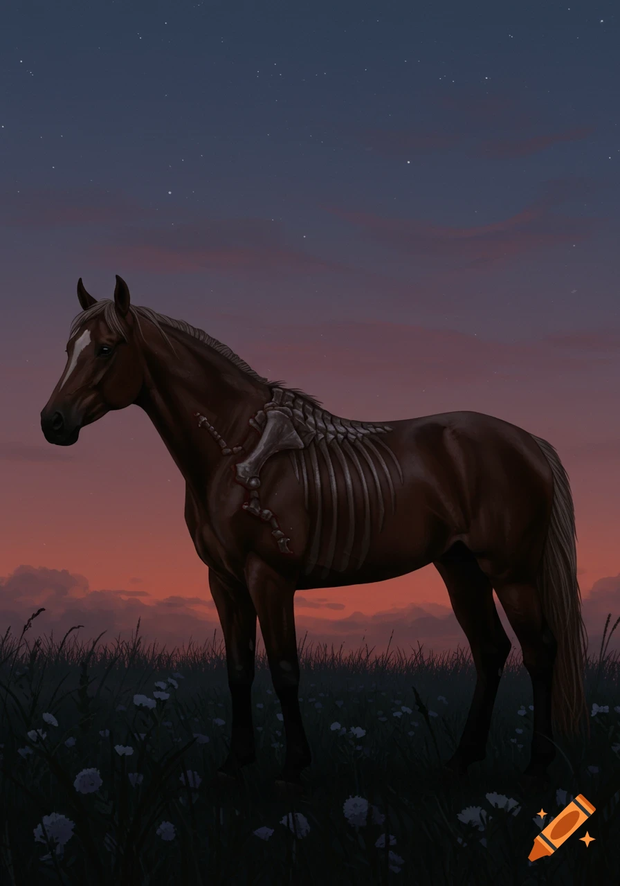 A brown horse with exposed ribs and spine stands in a grassy field with white flowers under a twilight sky.