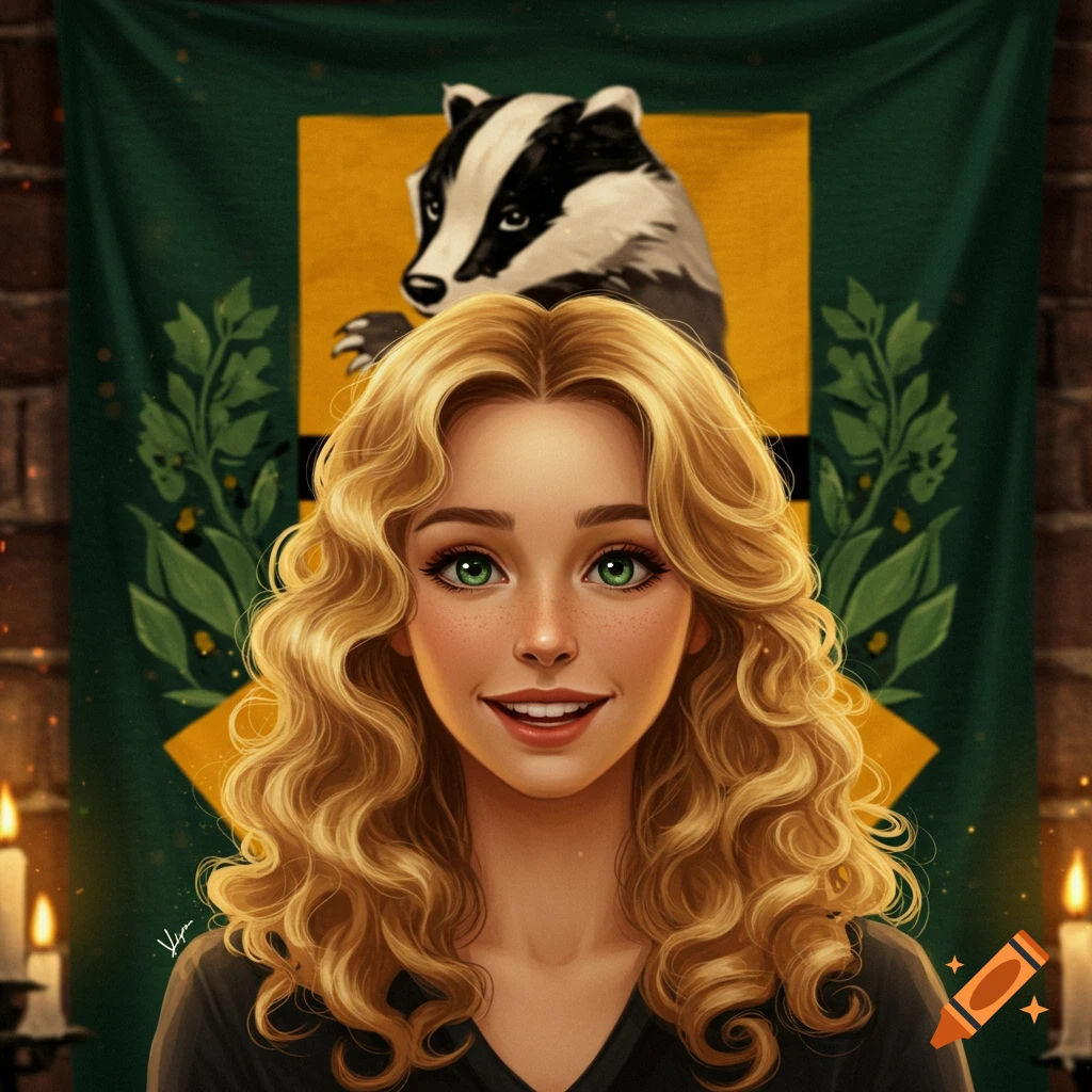 A smiling young woman with curly blonde hair and green eyes, with a Hufflepuff badger sigil banner in the background, in a digital painting style.