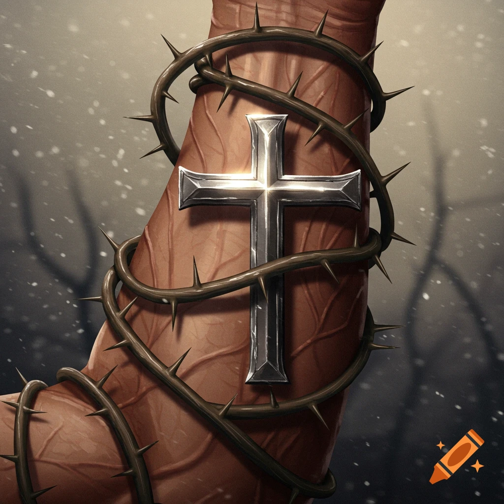 A silver cross against a forearm, wrapped in thorny vines, with falling snow in a dark background.