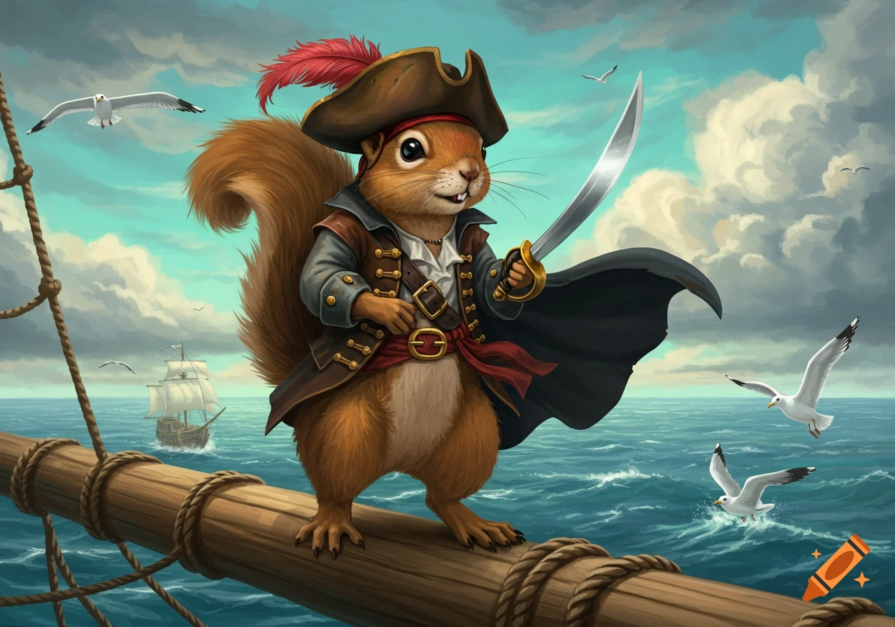 An adorable squirrel pirate in a feathered hat and cape, wielding a sword, stands on a ship's mast over a stormy sea. Digital illustration.