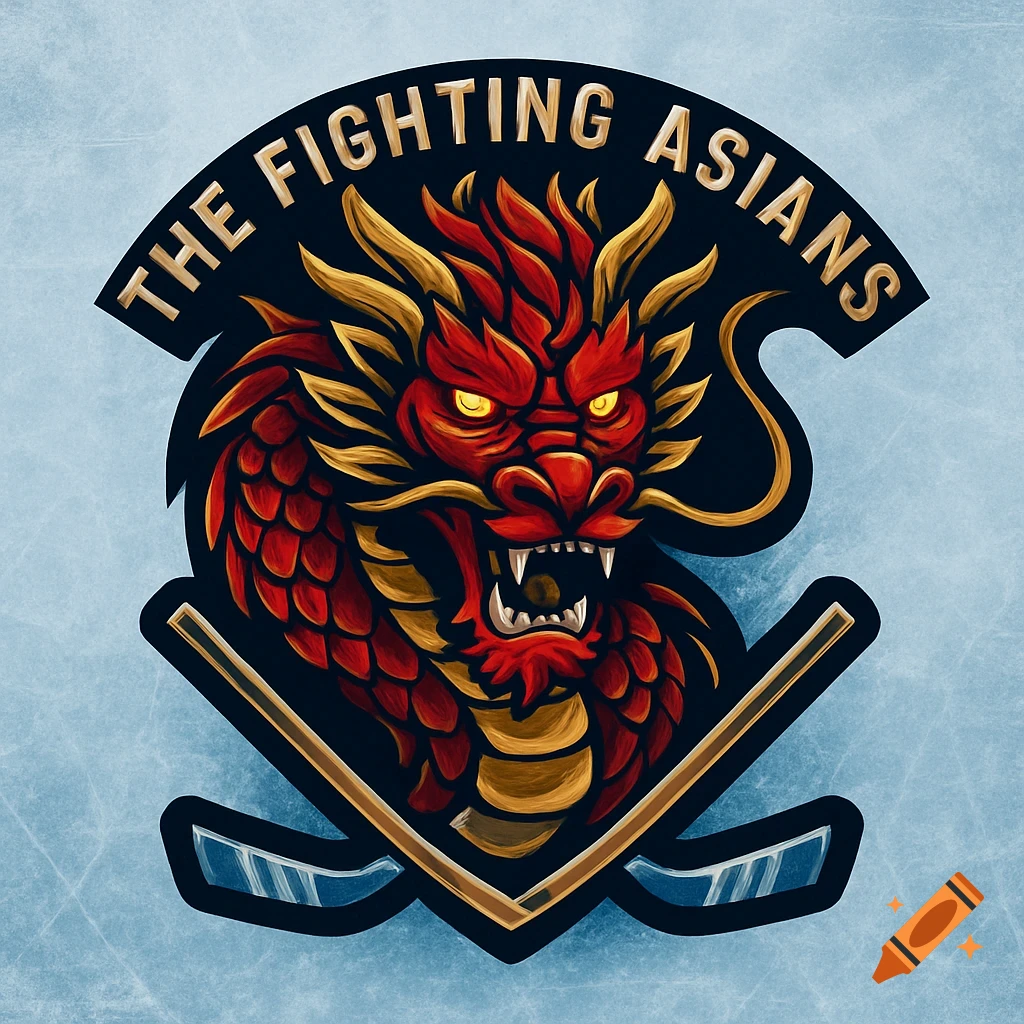 Logo of a fierce red and gold dragon with glowing eyes above crossed hockey sticks, text reads 'THE FIGHTING ASIANS' on an ice background.