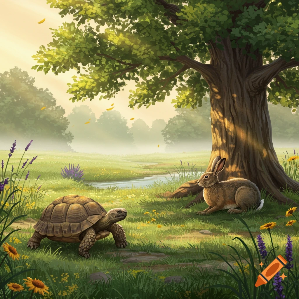 An illustration of a tortoise and a rabbit in a sunny, green meadow with a stream, trees, and flowers.