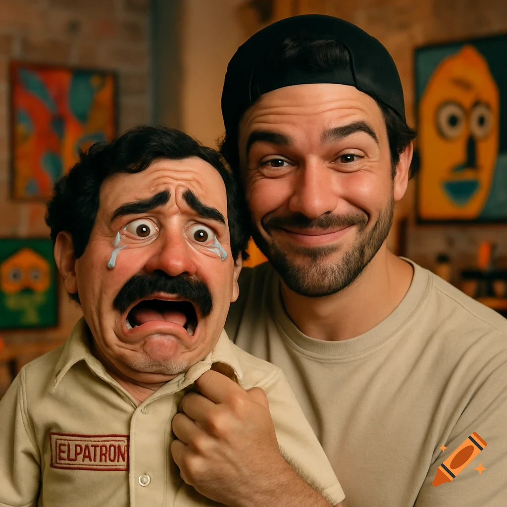 A smiling man holds a crying puppet wearing a shirt labeled "ELPATRON" against a blurry background with abstract art.