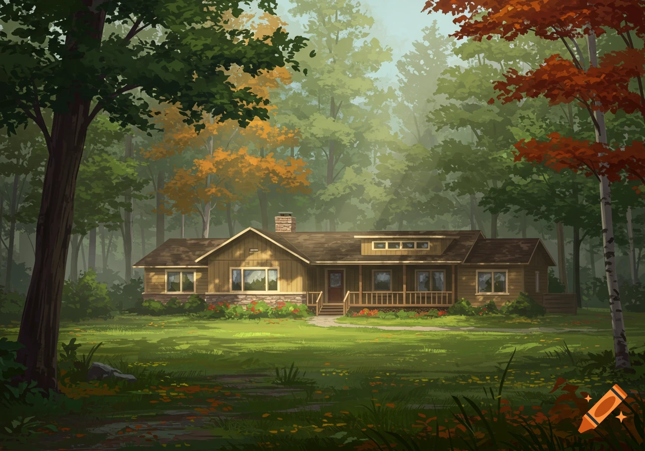 A cozy ranch-style home nestled in a lush, green forest with hints of autumn colors, rendered in an illustrative style.