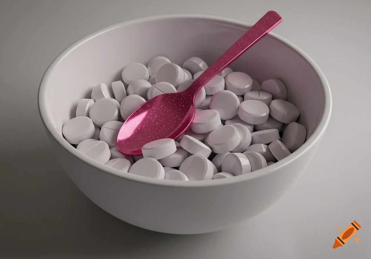 A white bowl filled with numerous white pills, with a shiny pink spoon resting on top of them.