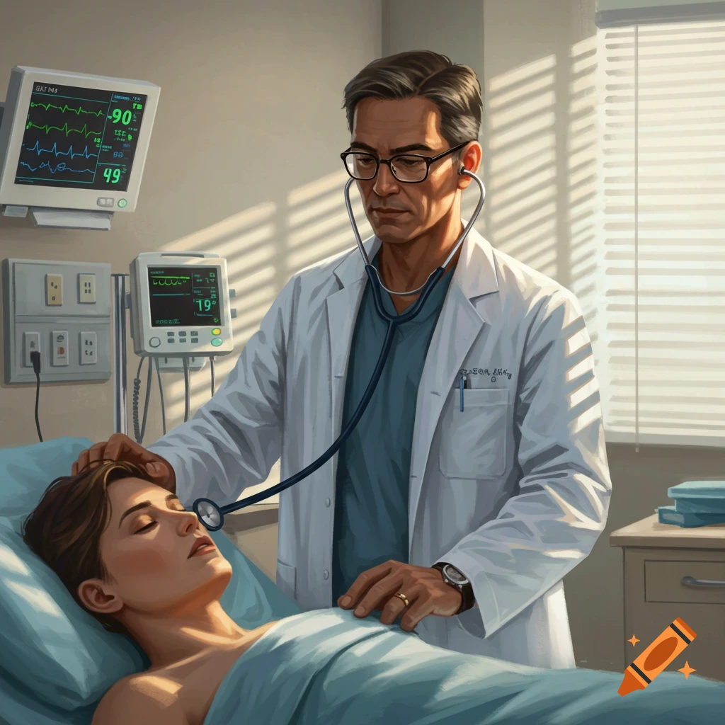 A male doctor in a white lab coat uses a stethoscope to examine a patient lying in a hospital bed with medical monitors nearby.