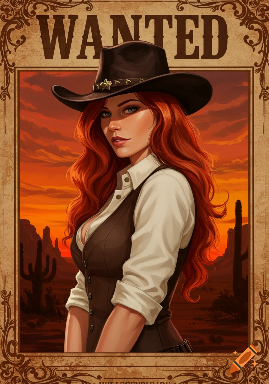 An illustrated "Wanted" poster features a red-haired woman in a cowboy hat and vest, set against a desert sunset with cacti.