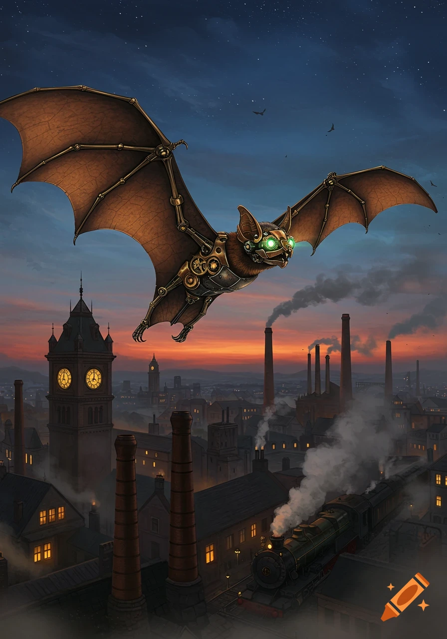 A steampunk bat with glowing green eyes flies over a detailed industrial city at sunset, featuring a prominent clock tower and smoking factories.