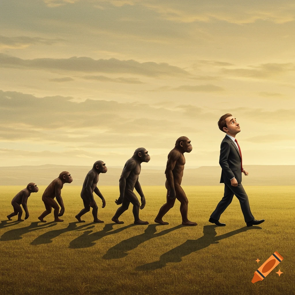 A line of apes in varying stages of evolution, from a small primate to a man in a suit, walk across a grassy field under a cloudy sky.