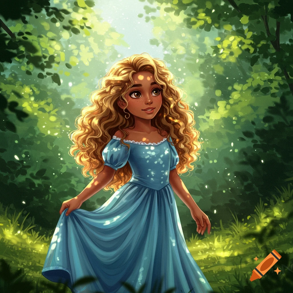 A brown girl with golden blonde long curly hair in a blue dress stands in a sun-dappled forest, digital illustration.
